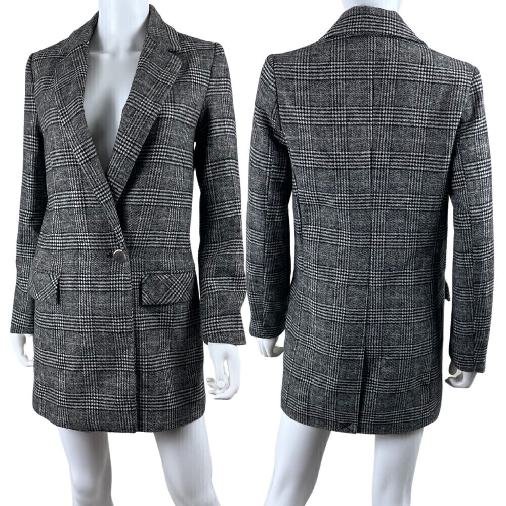 Zara Size XS Double Breasted Checked Blazer Wool Jacket Houndstooth Plaid Coat